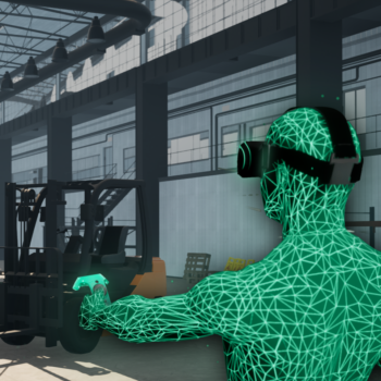 Green man in matrix style 3d warehouse for VR forklift training safety