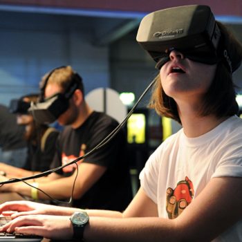 The Oculus Rift headset is tested by attendees at the Eurogamer Expo at Earls Court in London.