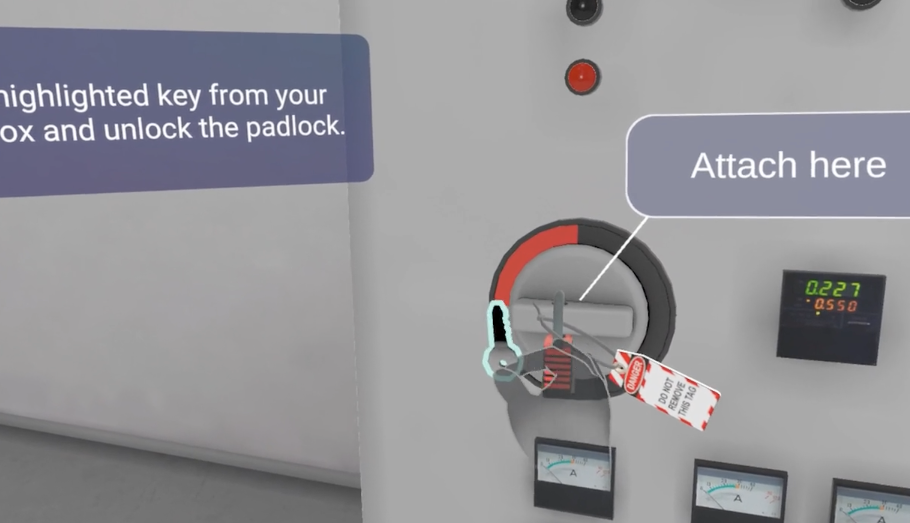 User grabbing key in 3d LOTO vr training software