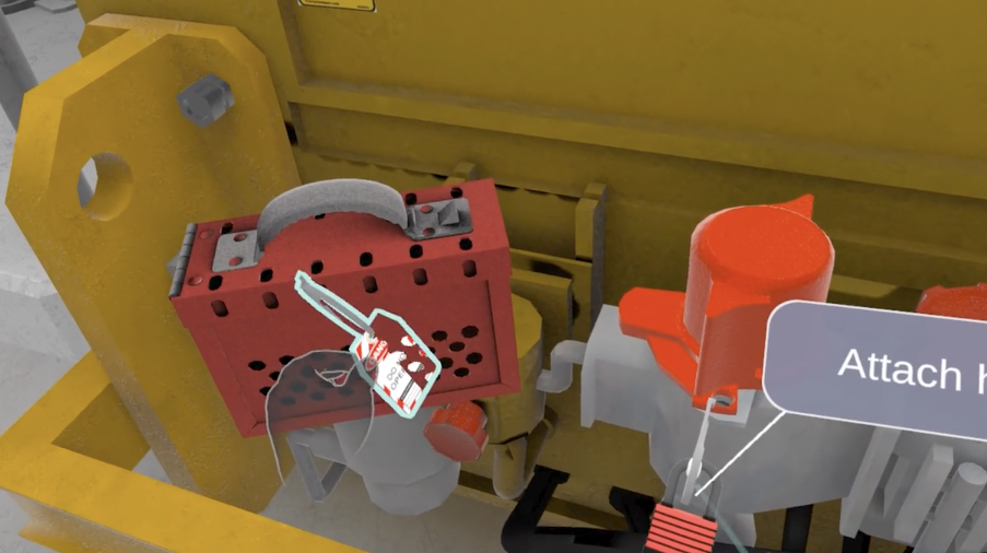 User grabbing tagout device in lockout tagout VR training