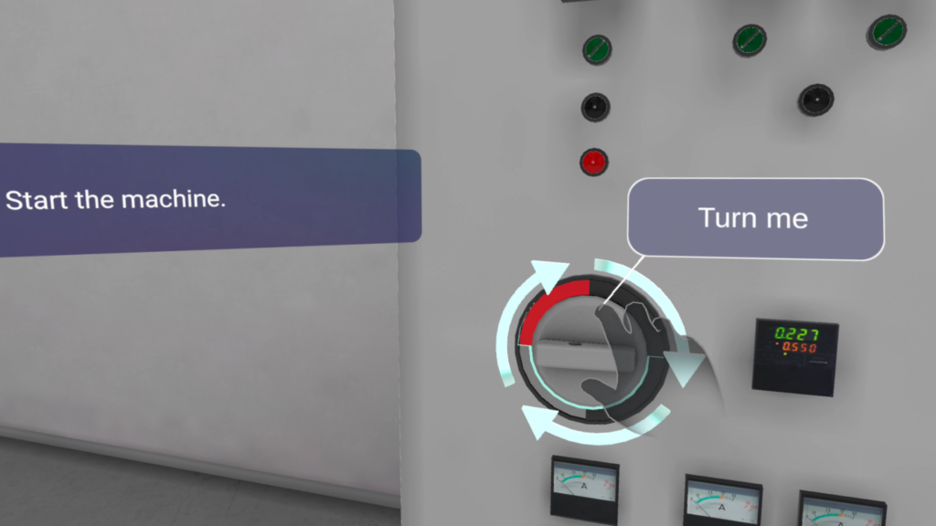User in VR using hand-tracking to turn switch in lockout tagout training