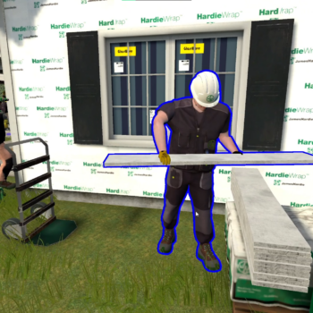 3d character holding planks in immersive desktop simulation for jobsite safety training