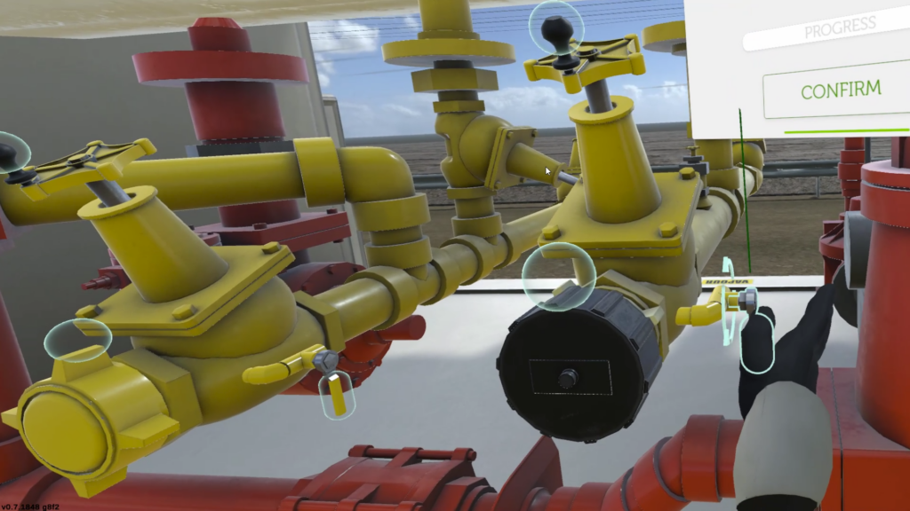 Yellow and red pipes in virtual reality ammonia transfer process