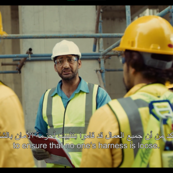 Safety manager briefing construction staff with subtitles in Safety Drama for Working at height training