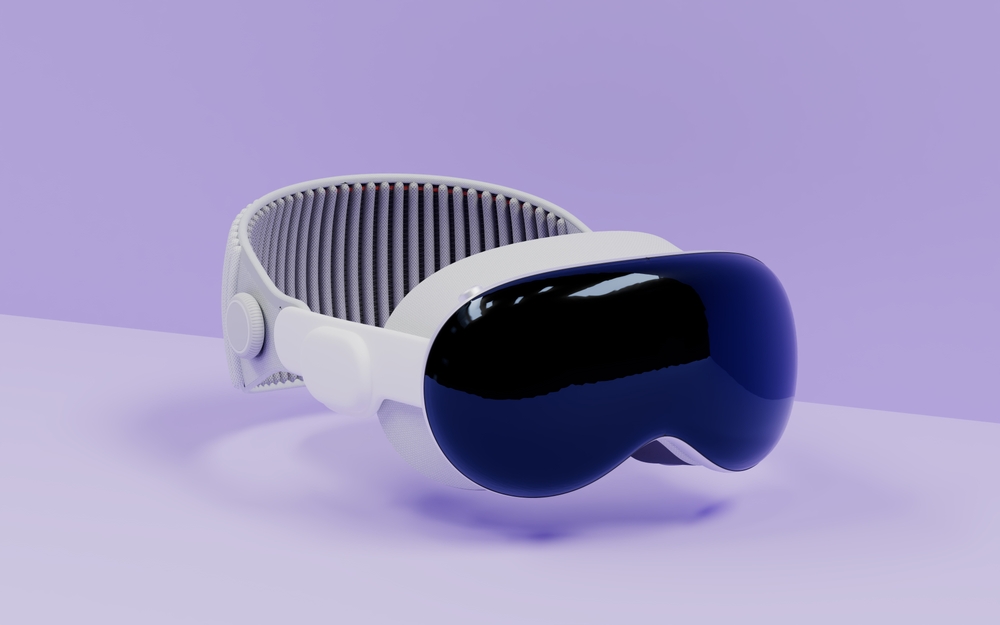 Apple vision pro mixed reality ar/vr headset in a purple background