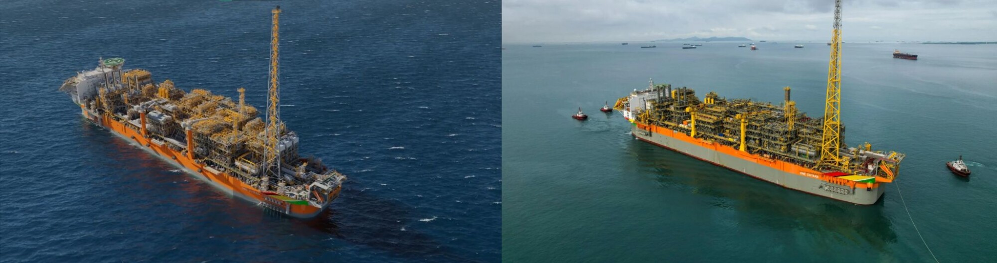 Side by side comparison of 3D visualization for Liza FPSO and real photo