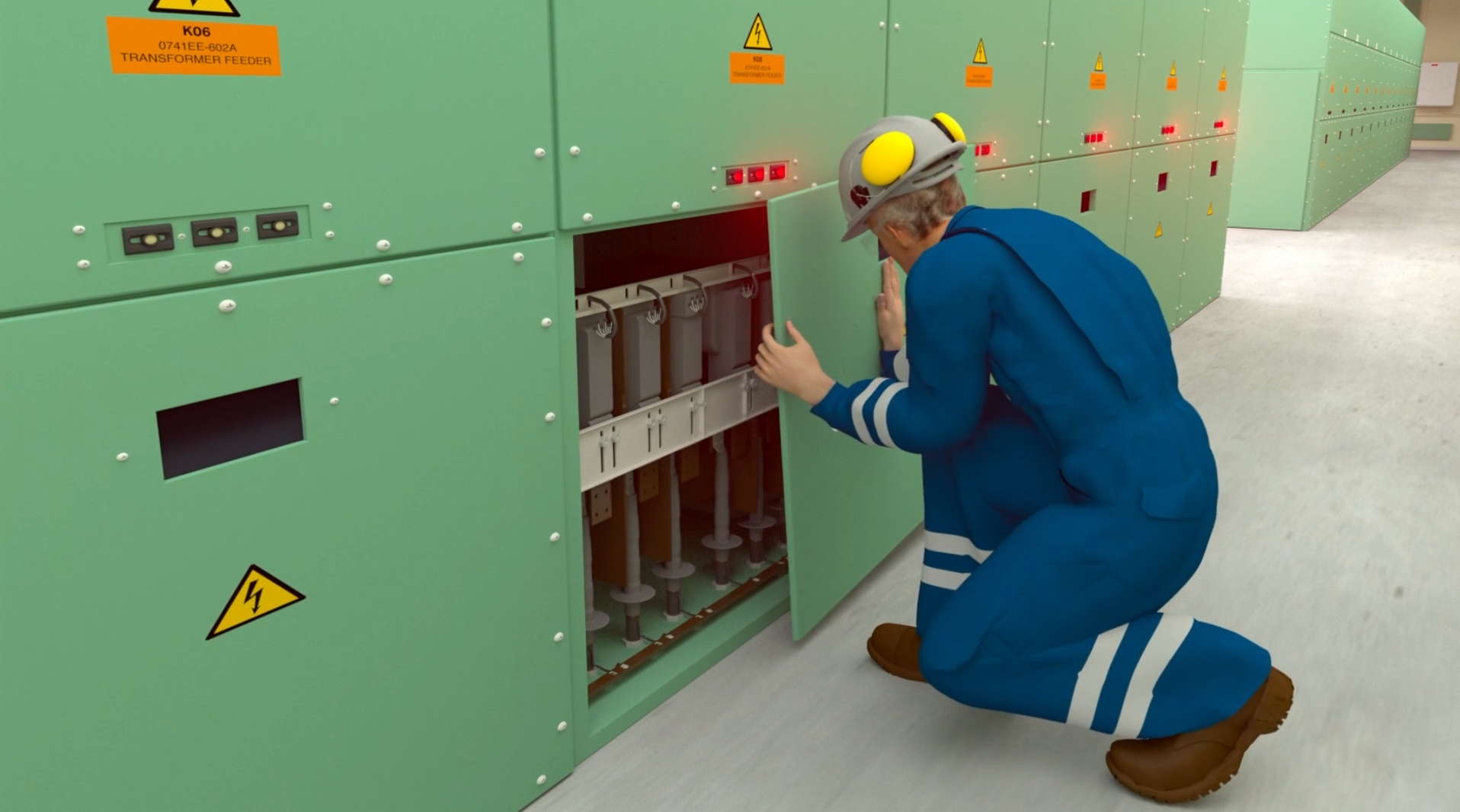 Assistant worker right before an incident occurs in a 3d lessons learned animation