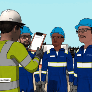 3D cartoon style animation with construction workers doing risk assessment
