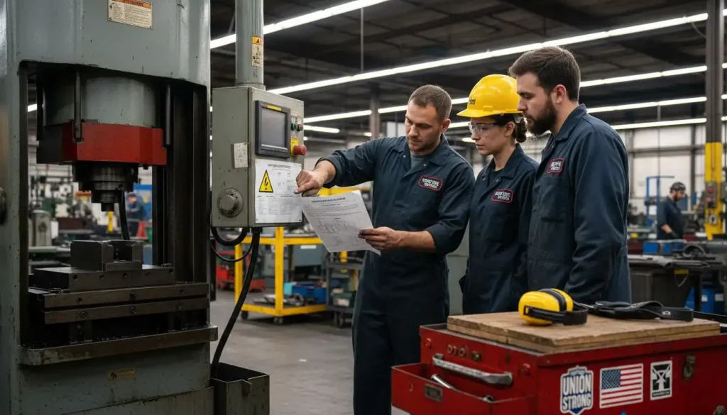 Workers practice on factory equipment together